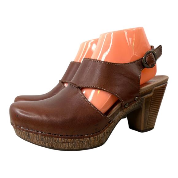 DANSKO Riley Cut Out Slingback Clog Platform Heels in Brown Leather W 8.5–9 - Picture 3 of 13